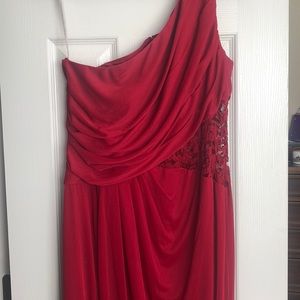 Apple color David’s Bridal Bridesmaid dress